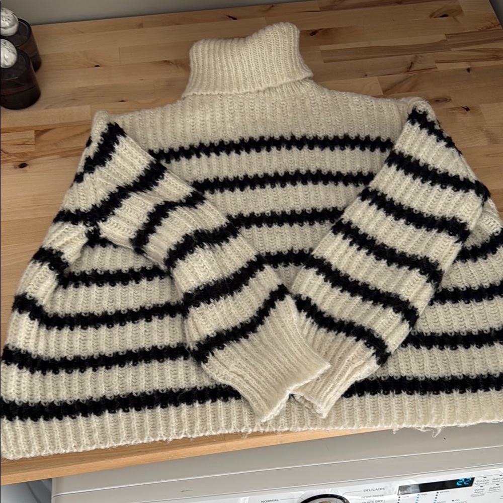 Sadie & Sage Black and Cream Striped Turtleneck Sweater